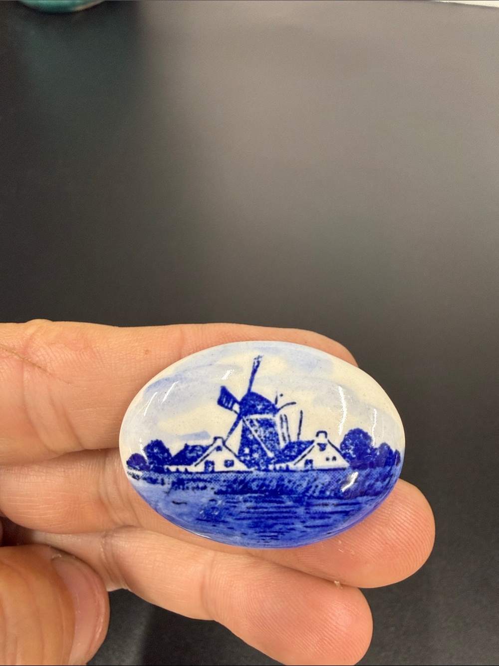 Blue and White Delft-Style Ceramic Brooch — Classic Windmill Motif